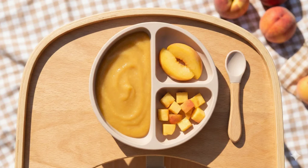 אפרסק רך ומבושל מעט, מרוסק בצלחת תינוק, לצד פלחים קטנים.