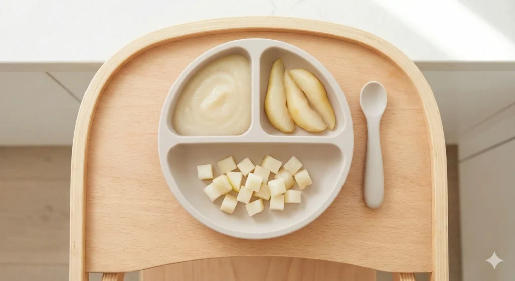 אגס מעוך או מרוסק בעדינות בצלחת תינוק, עם כמה פלחים רכים לצידו.