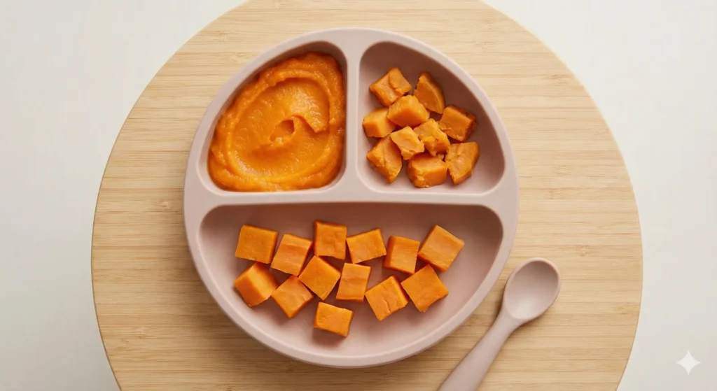 פירה בטטה כתום ורך בצלחת תינוק, עם קוביות קטנות בצד.