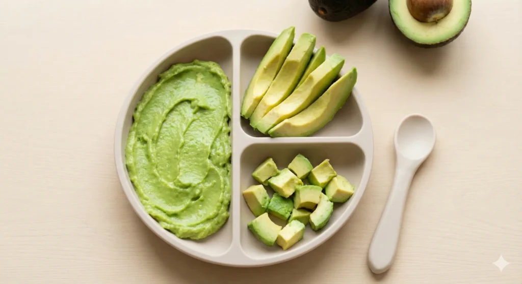 אבוקדו מעוך היטב בצלחת, במרקם קרמי שמתאים לתינוקות בכל שלבי הטעימות.