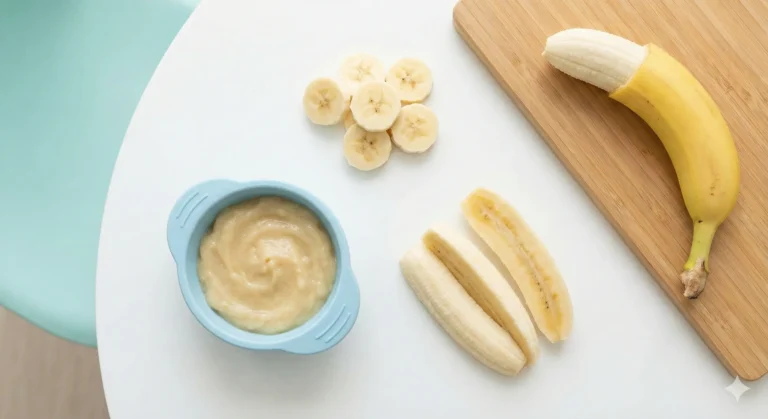 בננה מוכנה להגשה לתינוק בשלוש צורות: מחית בננה, מקלות BLW ופרוסות רכות לטעימות ראשונות.