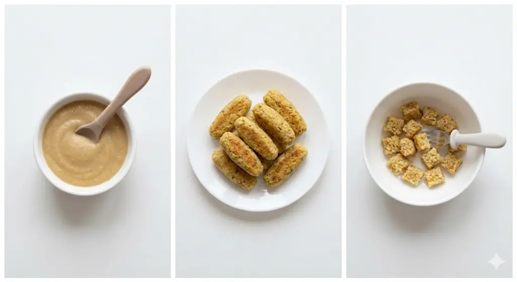 בורגול לתינוקות לפי גיל: מחית 6–9, BLW רך 9–12, חתיכות קטנות 12+.