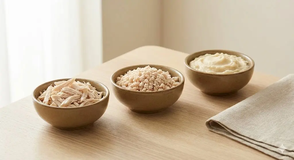 עוף (חזה) לתינוקות לפי גיל: מחית לגיל 6–9, אצבעות BLW רכות לגיל 9–12, וחתיכות קטנות לגיל 12+.