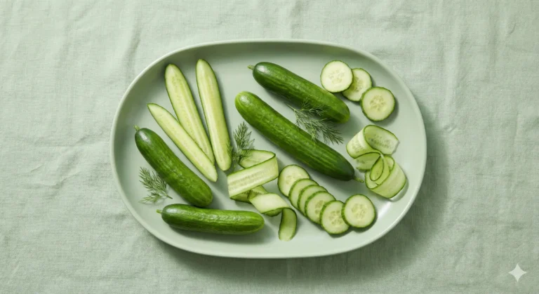 צלחת עם מלפפונים חתוכים בצורות שונות – מקלות, פרוסות וקילופים – על רקע ירוק בהיר, ללא טקסט.