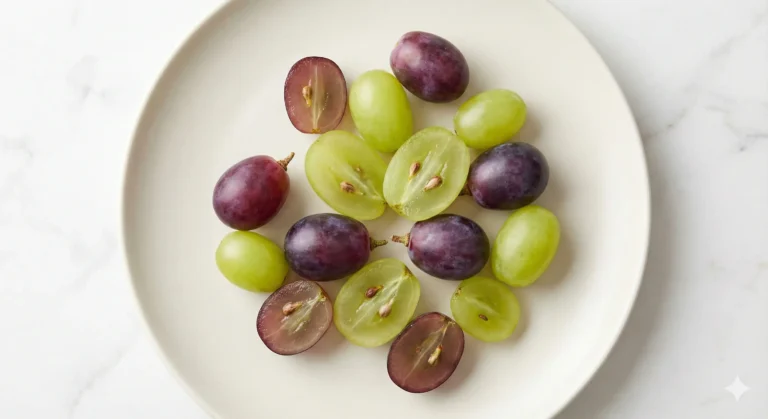 ענבים טריים וחתוכים לאורך על רקע בהיר – צילום רקע נקי ומקצועי