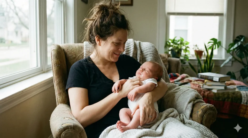 ם מחייכת מחזיקה בחיקה תינוק ישן ורגוע, עם מעט חלב על שפתיו - סימן ויזואלי לכך שהתינוק שבע וקיבל מספיק חלב בהנקה