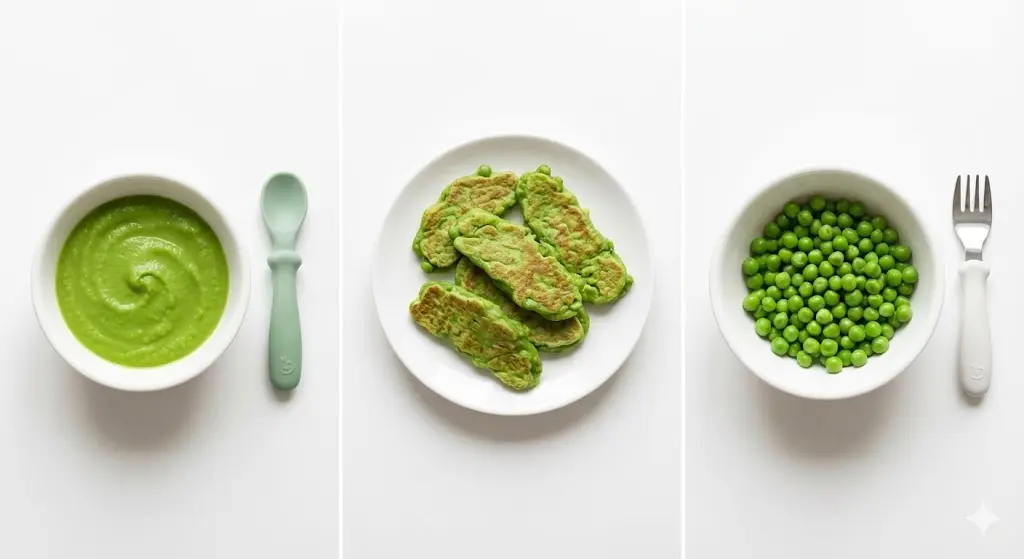 אפונה לתינוקות לפי גיל: מחית 6–9, BLW רך 9–12, חתיכות קטנות 12+.