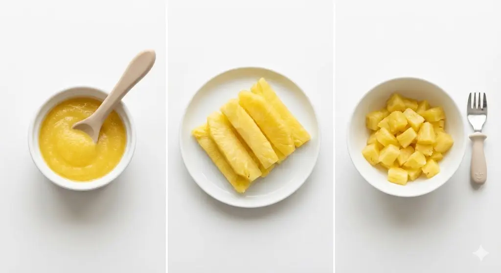 אננס לתינוקות לפי גיל: מחית 6–9, BLW רך 9–12, חתיכות רכות קטנות 12+.