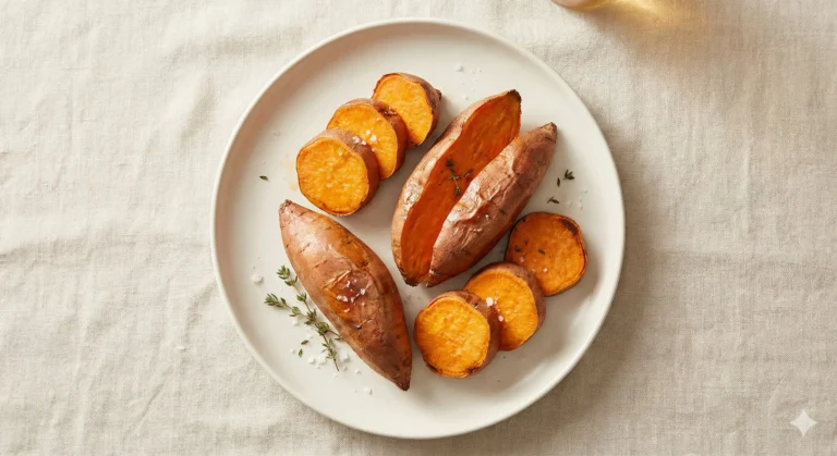 בטטה מבושלת וחתוכה על רקע בהיר – צילום נקי ומינימליסטי