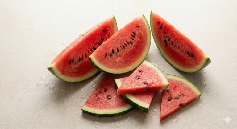 אבטיח טרי מצולם באור טבעי, אידאלי כתמונת רקע למאמרים על מזון לתינוקות.