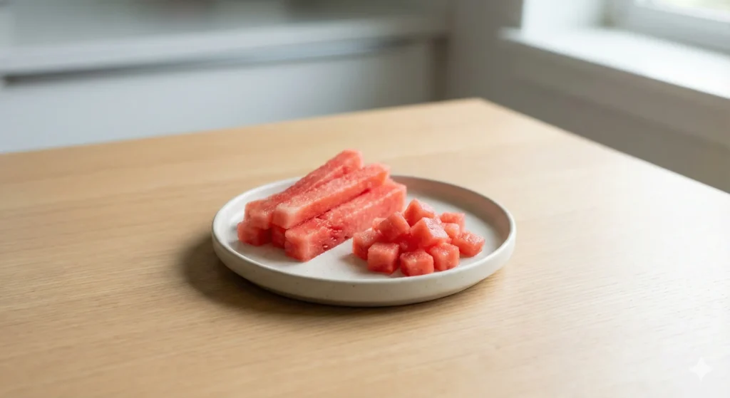 מקלות אבטיח ללא גרעינים וקוביות קטנות ורכות מוגשות על צלחת לתינוקות