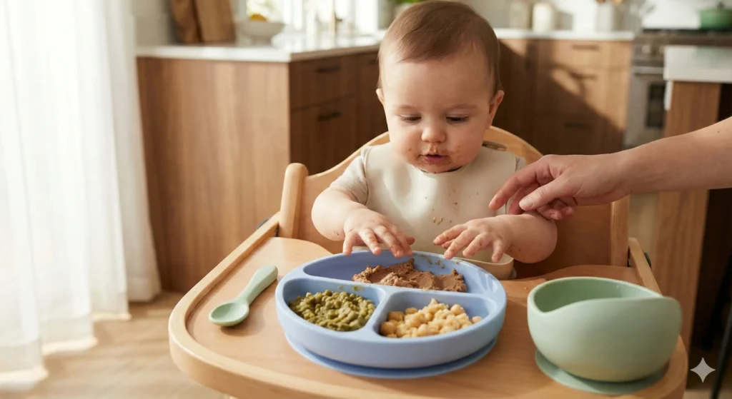 תינוק יושב בכיסא אוכל ומקבל מזון מרוסק עשיר בברזל, איור פסטלי בסגנון רפואי, מתאים למדריך תזונה לתינוקות.