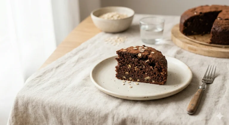 עוגת שוקולד בריאה לתינוקות ללא סוכר עם בננה ושיבולת שועל, במרקם רך ונימוח על צלחת קרמיקה בסגנון נקי.