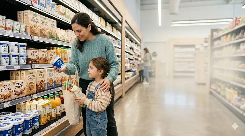 הורה וילד בסופרמרקט בוחרים מוצרי מזון לילדים ולומדים לקרוא מעבר לאריזה