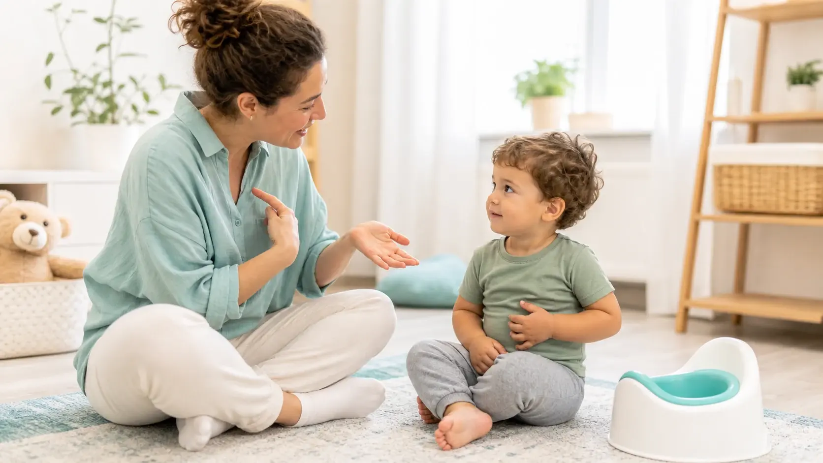 איור של פעוט והורה משתמשים במילים קבועות לצרכים
