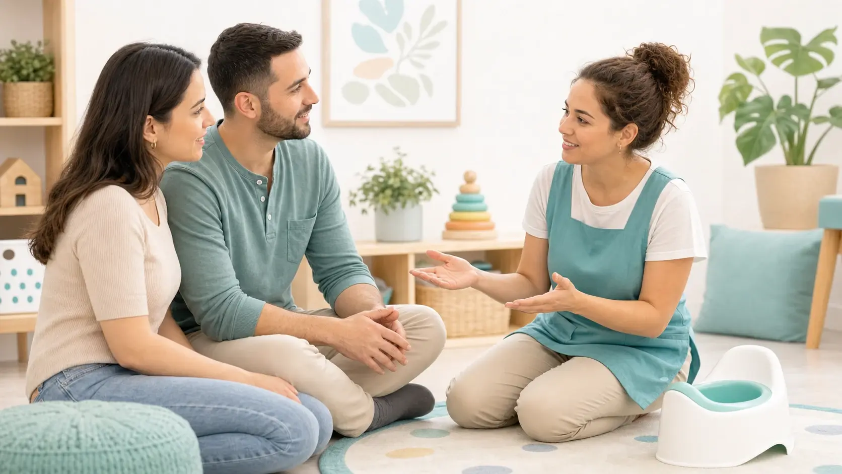 איור של הורים וצוות גן מסונכרנים בגישה לגמילה